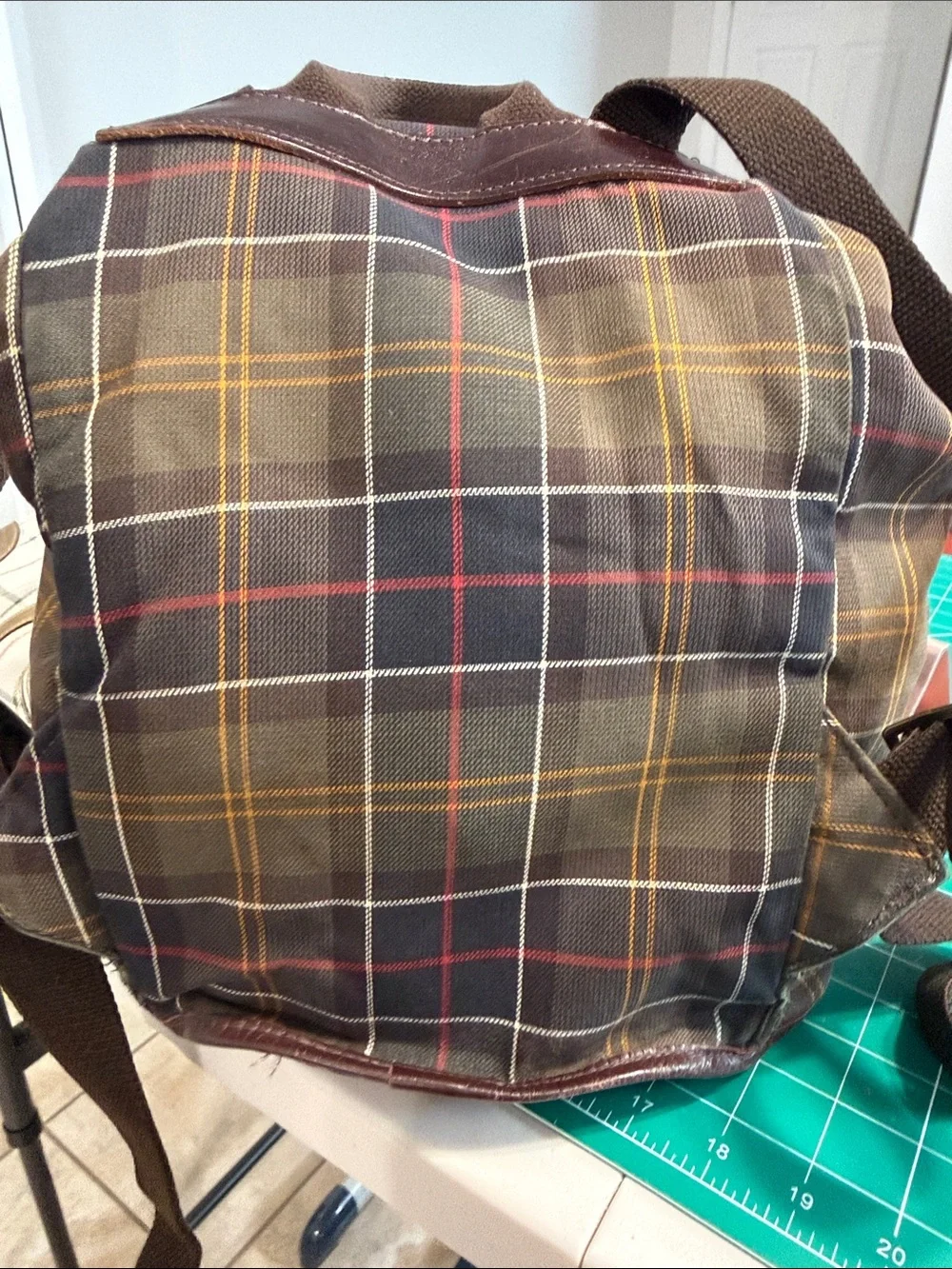 Barbour Brown Tartan Plaid Canvas Backpack with Leather Trim - Picture 9 of 12